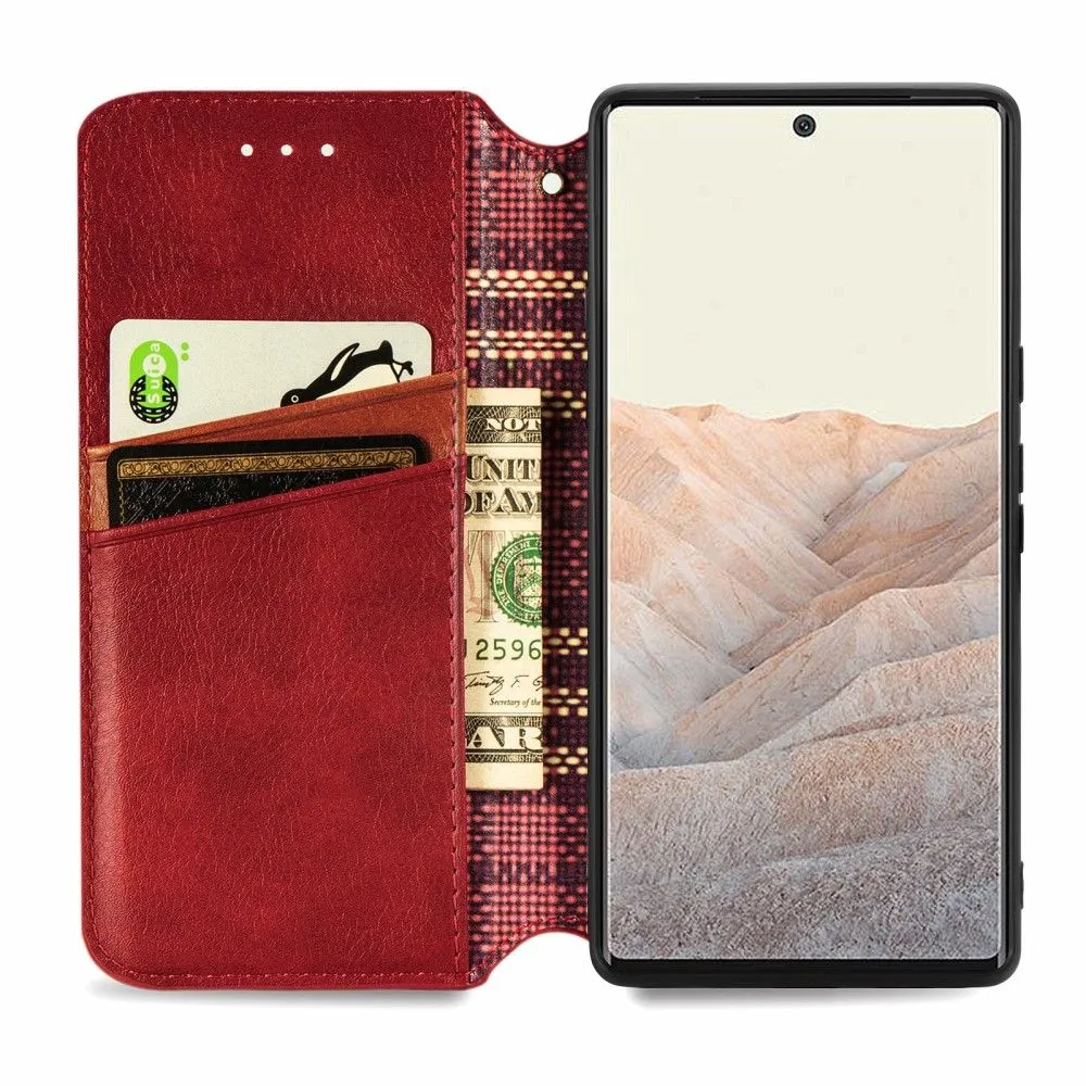 Leather case with a stylish rhombus imprint for Google Pixel 6 - Red