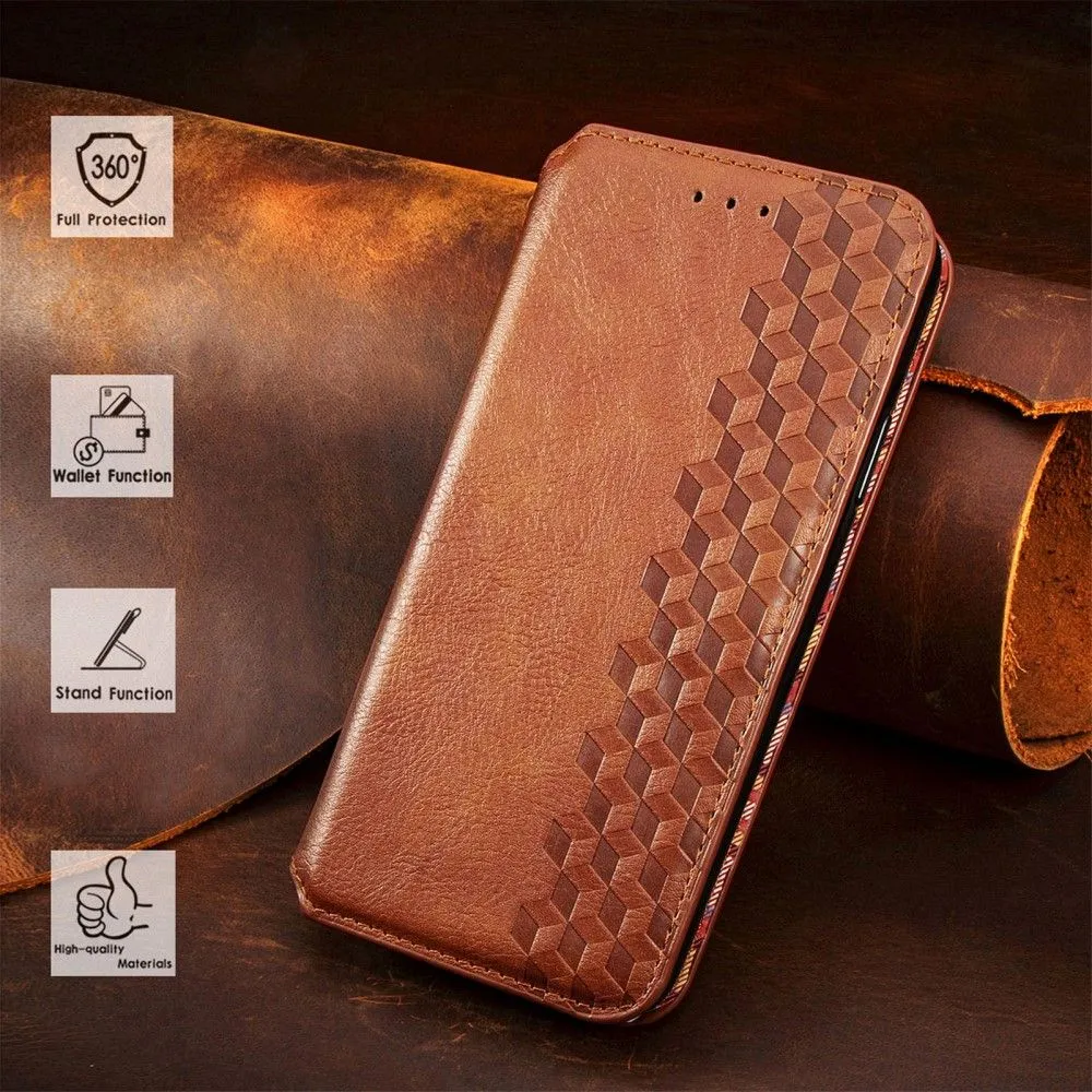 Leather case with a stylish rhombus imprint for Motorola Moto G51 5G - Brown