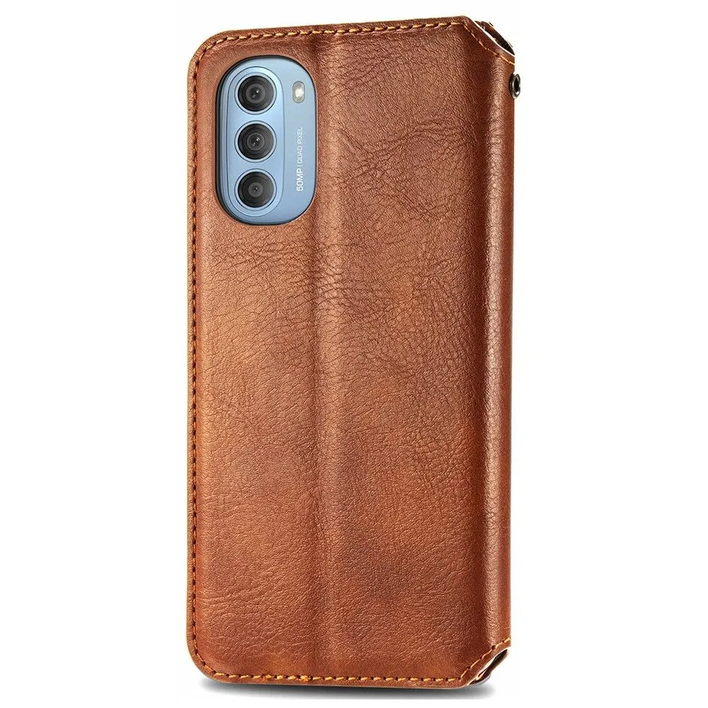 Leather case with a stylish rhombus imprint for Motorola Moto G51 5G - Brown