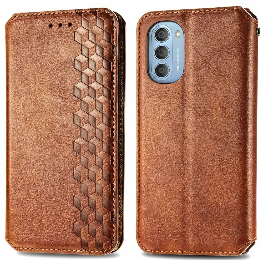 Leather case with a stylish rhombus imprint for Motorola Moto G51 5G - Brown