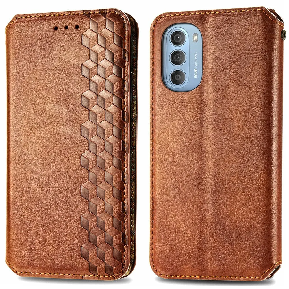 Leather case with a stylish rhombus imprint for Motorola Moto G51 5G - Brown