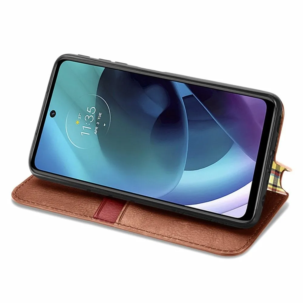 Leather case with a stylish rhombus imprint for Motorola Moto G51 5G - Brown