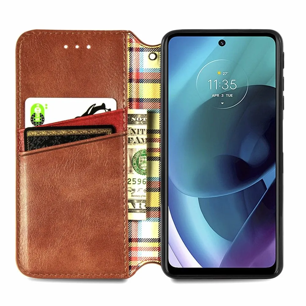 Leather case with a stylish rhombus imprint for Motorola Moto G51 5G - Brown