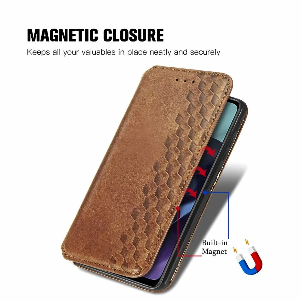 Leather case with a stylish rhombus imprint for Motorola Moto G51 5G - Brown