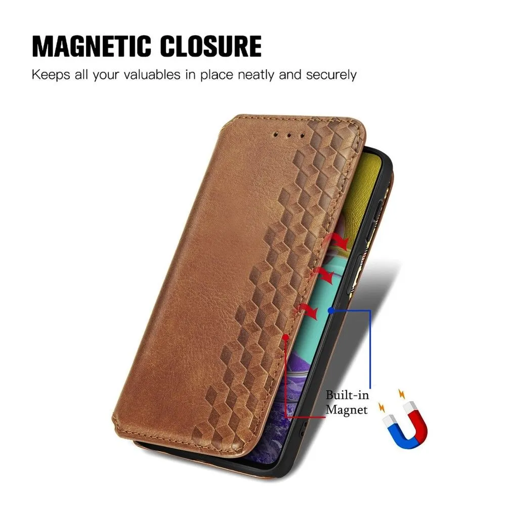 Leather case with a stylish rhombus imprint for Samsung Galaxy M53 5G - Brown