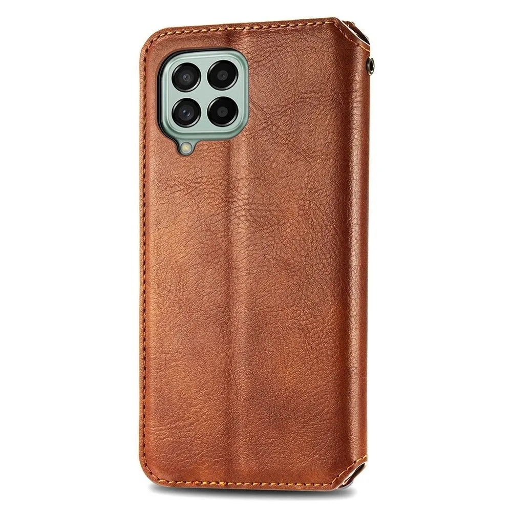 Leather case with a stylish rhombus imprint for Samsung Galaxy M53 5G - Brown