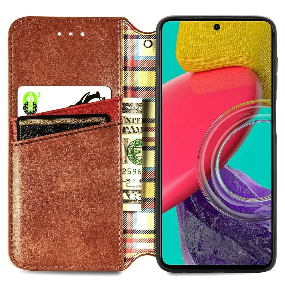 Leather case with a stylish rhombus imprint for Samsung Galaxy M53 5G - Brown