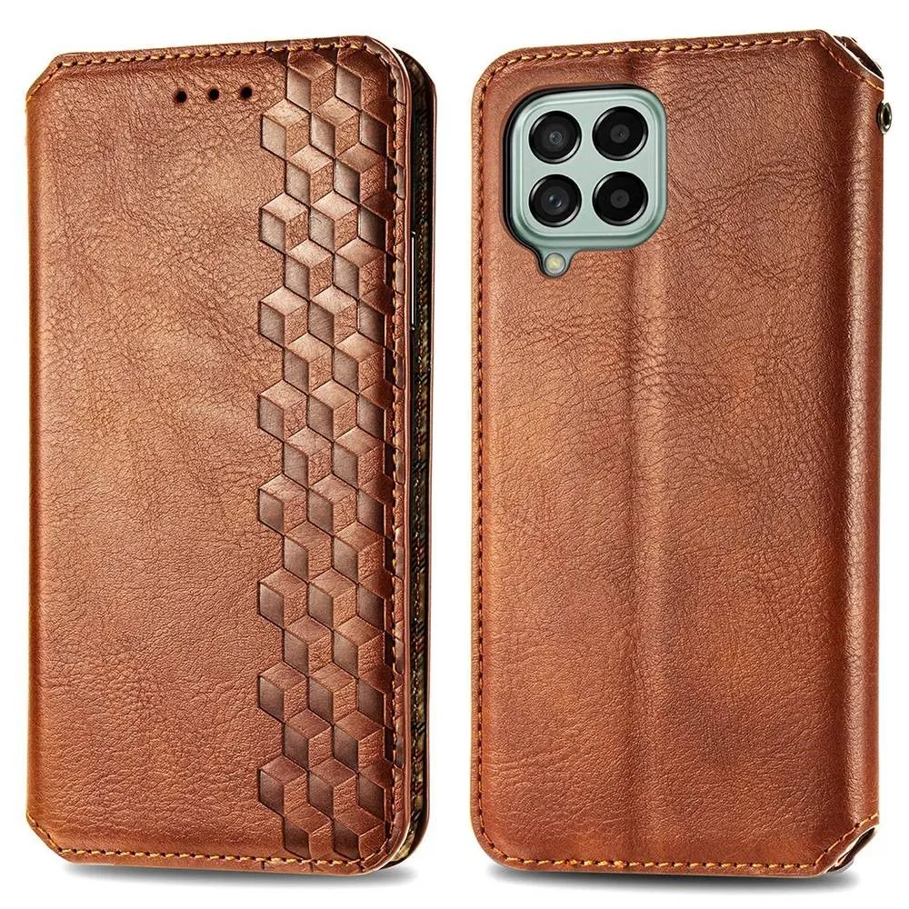 Leather case with a stylish rhombus imprint for Samsung Galaxy M53 5G - Brown