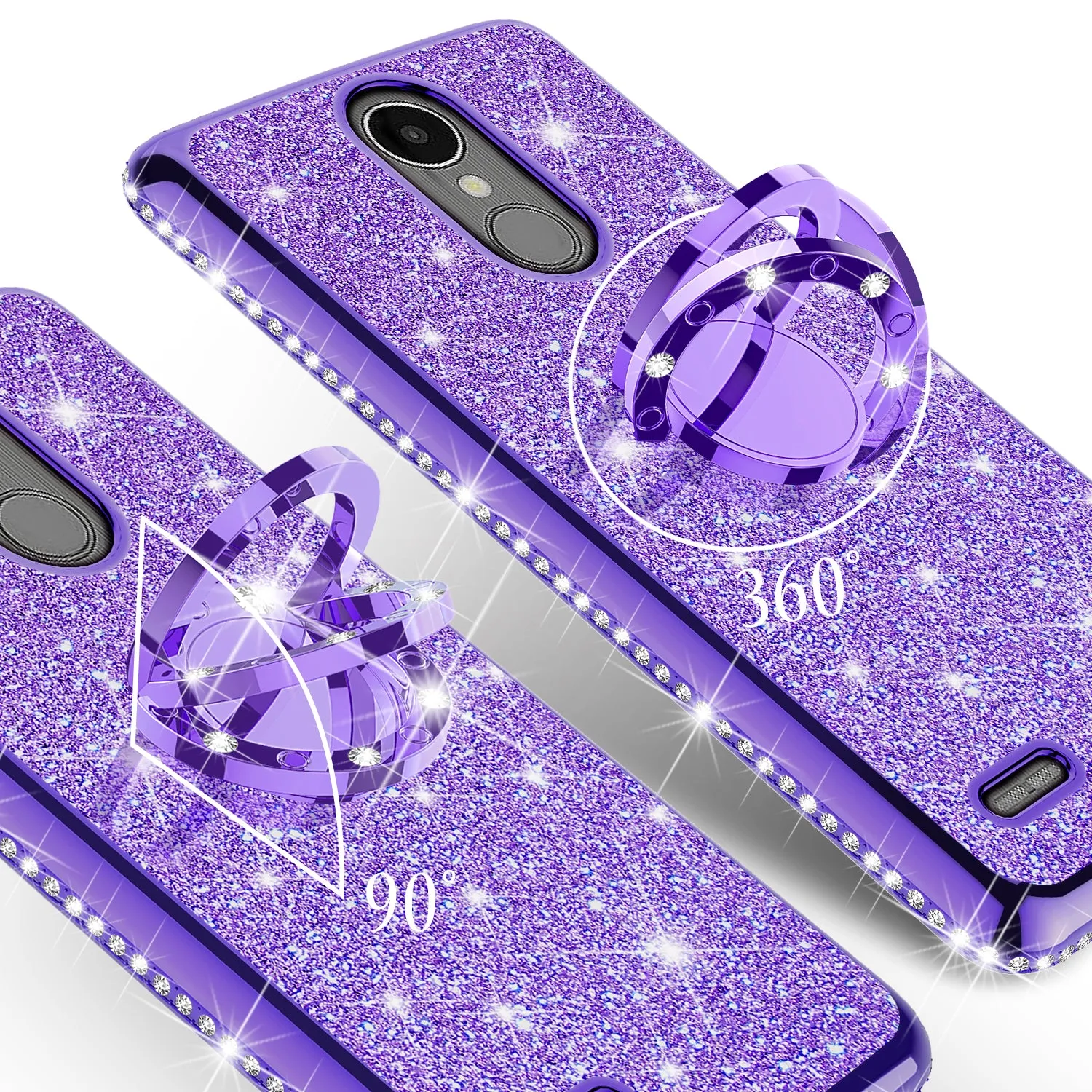 LG Aristo, LG K8 (2017), LG Phoenix 3, LG K4 2017 Case, Glitter Cute Phone Case Girls with Kickstand,Bling Diamond Rhinestone Bumper Ring Stand Sparkly Luxury Clear Thin Soft Protective LG K8 (2017) Case for Girl Women - Purple