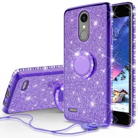 LG Aristo, LG K8 (2017), LG Phoenix 3, LG K4 2017 Case, Glitter Cute Phone Case Girls with Kickstand,Bling Diamond Rhinestone Bumper Ring Stand Sparkly Luxury Clear Thin Soft Protective LG K8 (2017) Case for Girl Women - Purple