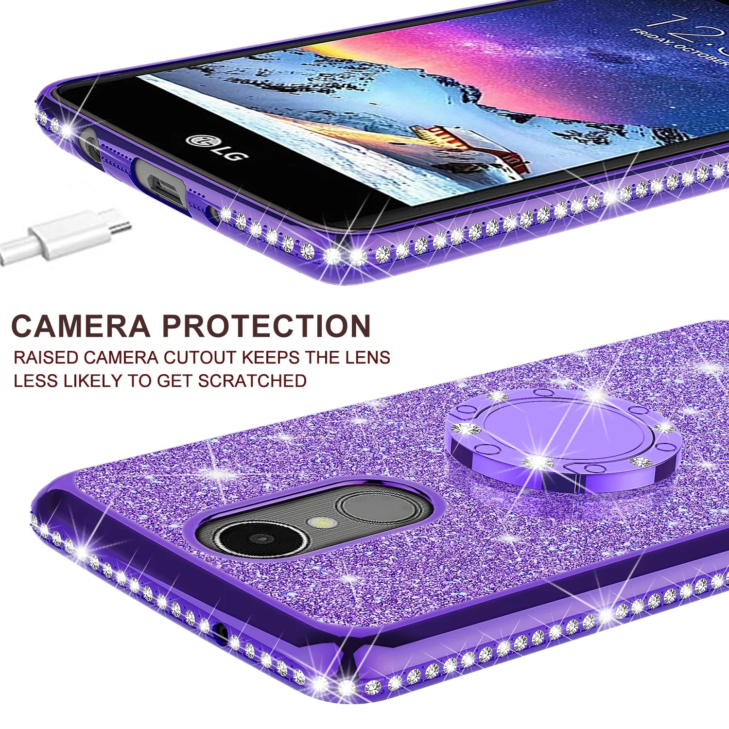 LG Aristo, LG K8 (2017), LG Phoenix 3, LG K4 2017 Case, Glitter Cute Phone Case Girls with Kickstand,Bling Diamond Rhinestone Bumper Ring Stand Sparkly Luxury Clear Thin Soft Protective LG K8 (2017) Case for Girl Women - Purple