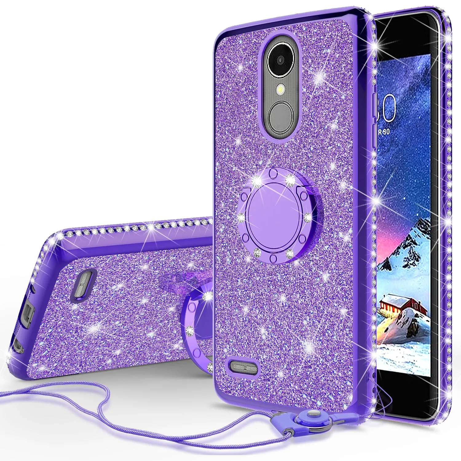 LG K20 Plus Case, LG K20 V, K10 2017, LG Harmony Case, Glitter Cute Phone Case Girls with Kickstand,Bling Diamond Rhinestone Bumper Ring Stand Sparkly Luxury Clear Thin Soft Protective LG K20 Plus, K10 2017 Case for Girl Women - Purple