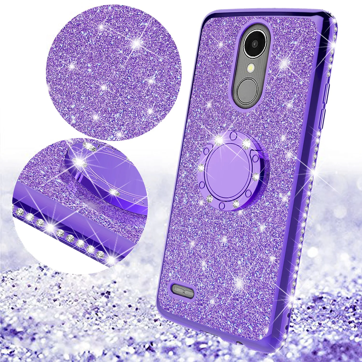 LG K20 Plus Case, LG K20 V, K10 2017, LG Harmony Case, Glitter Cute Phone Case Girls with Kickstand,Bling Diamond Rhinestone Bumper Ring Stand Sparkly Luxury Clear Thin Soft Protective LG K20 Plus, K10 2017 Case for Girl Women - Purple