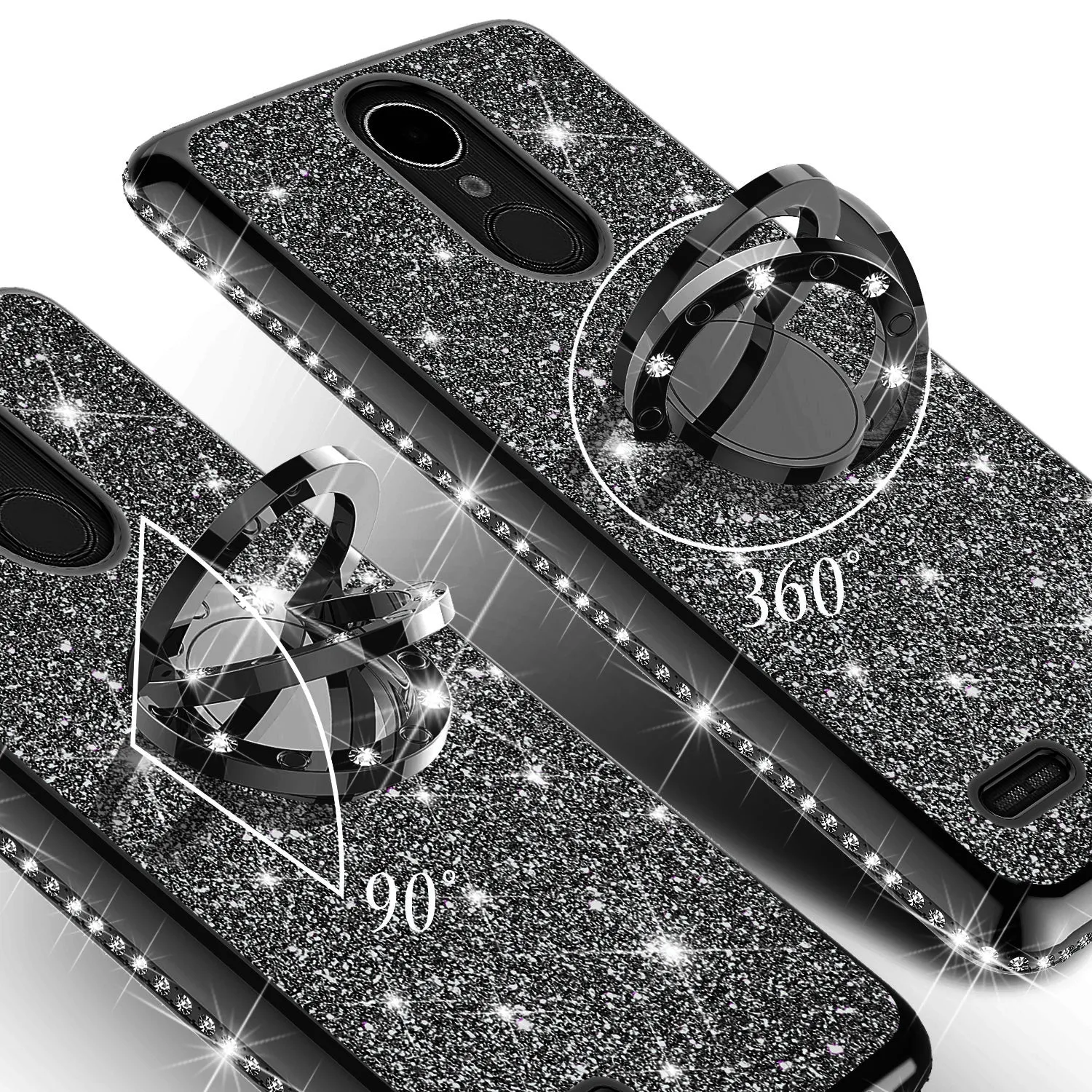 LG K40/Xpression Plus 2/K12 Plus/X4 2019/Harmony 3/LG Solo Case, Glitter Cute Phone Case Girls Bling Diamond Rhinestone Ring Stand Luxury Clear Thin Soft Protective Cover for Girl Women - Black