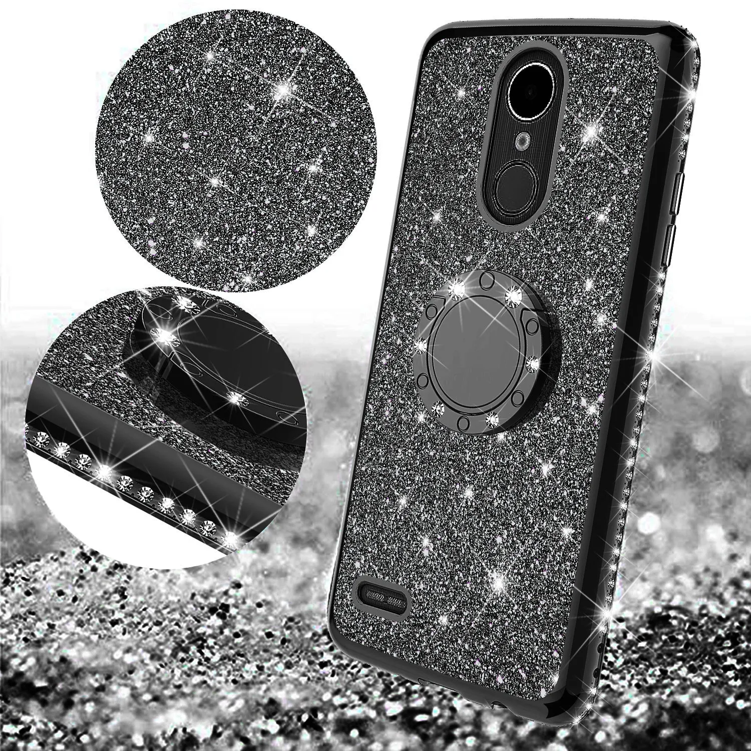 LG K40/Xpression Plus 2/K12 Plus/X4 2019/Harmony 3/LG Solo Case, Glitter Cute Phone Case Girls Bling Diamond Rhinestone Ring Stand Luxury Clear Thin Soft Protective Cover for Girl Women - Black