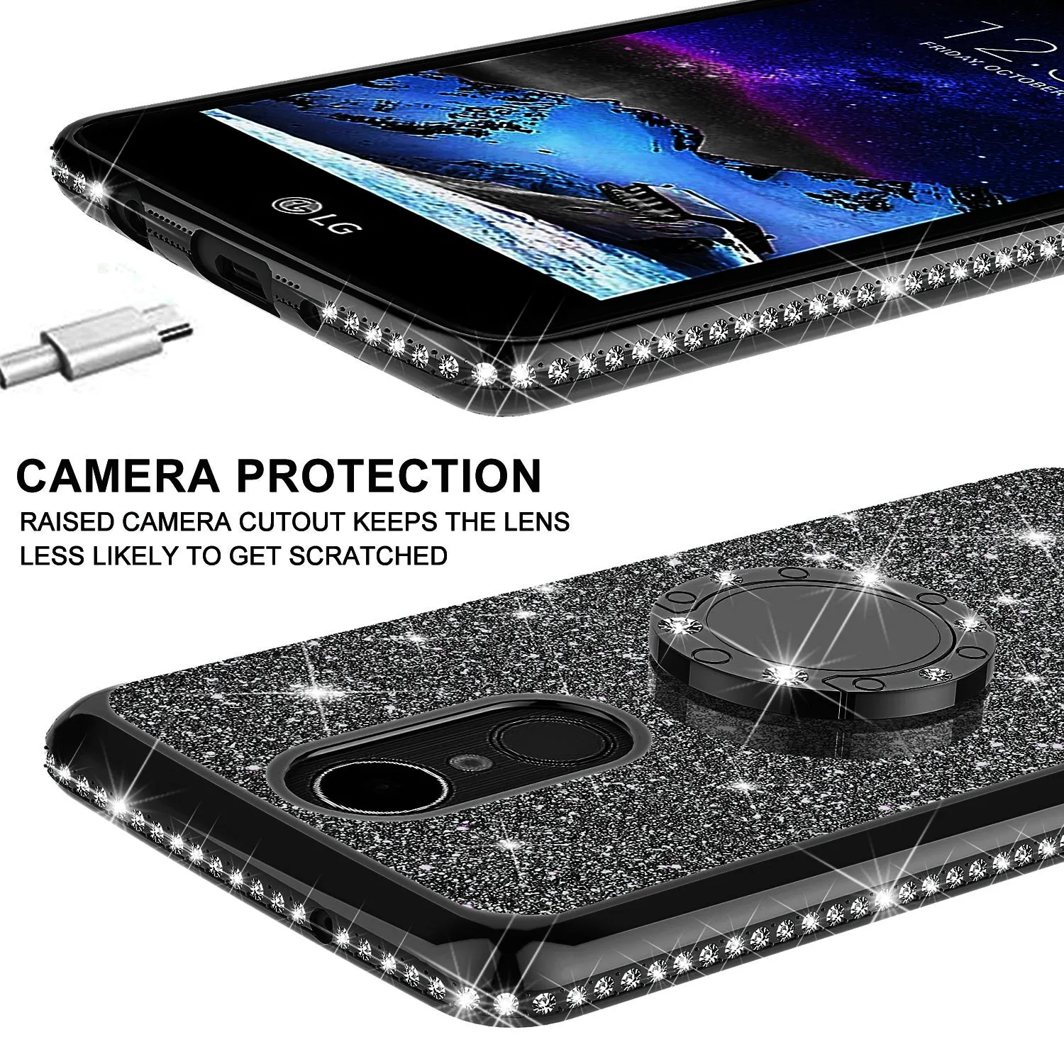 LG K40/Xpression Plus 2/K12 Plus/X4 2019/Harmony 3/LG Solo Case, Glitter Cute Phone Case Girls Bling Diamond Rhinestone Ring Stand Luxury Clear Thin Soft Protective Cover for Girl Women - Black