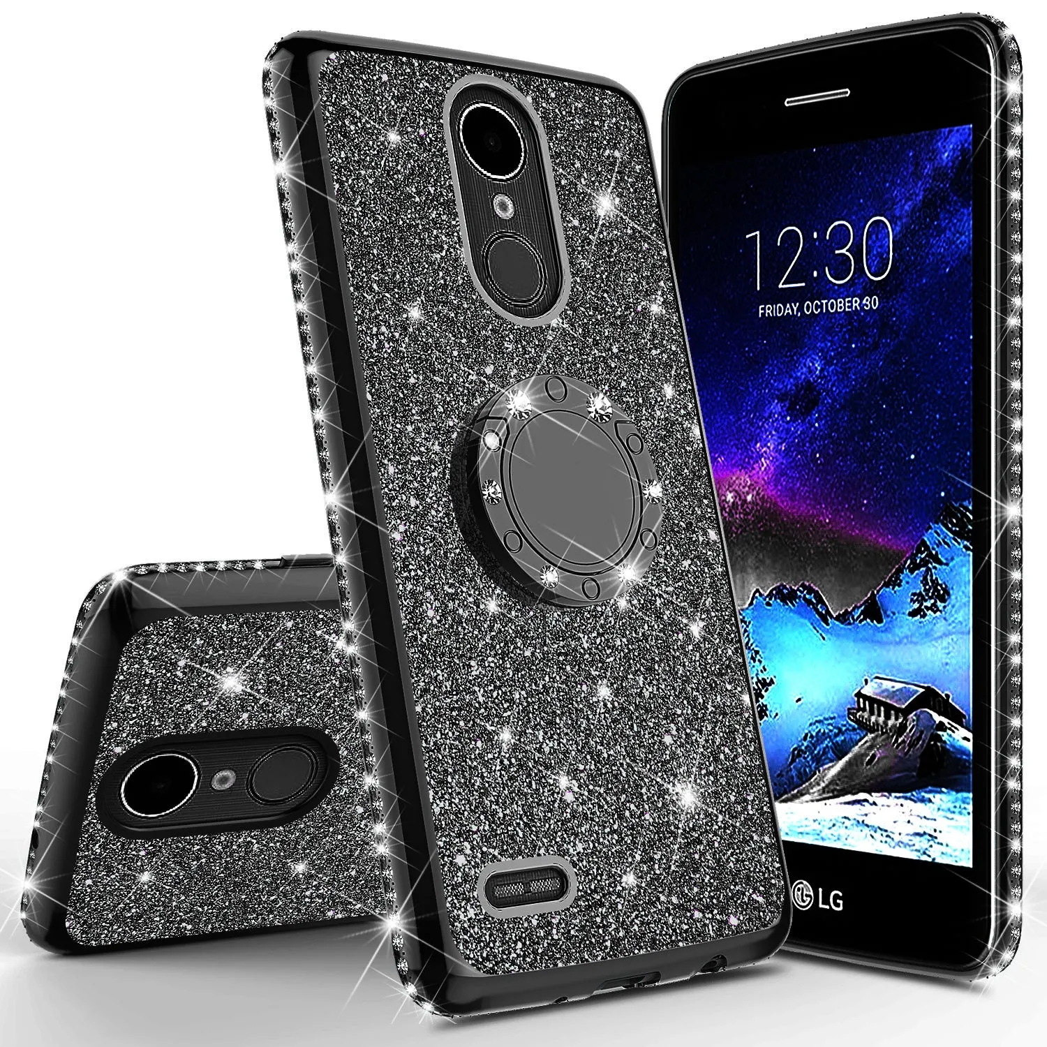 LG K40/Xpression Plus 2/K12 Plus/X4 2019/Harmony 3/LG Solo Case, Glitter Cute Phone Case Girls Bling Diamond Rhinestone Ring Stand Luxury Clear Thin Soft Protective Cover for Girl Women - Black