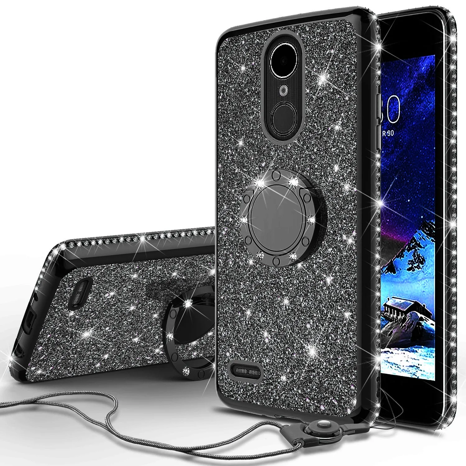 LG K40/Xpression Plus 2/K12 Plus/X4 2019/Harmony 3/LG Solo Case, Glitter Cute Phone Case Girls Bling Diamond Rhinestone Ring Stand Luxury Clear Thin Soft Protective Cover for Girl Women - Black