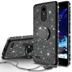 LG K40/Xpression Plus 2/K12 Plus/X4 2019/Harmony 3/LG Solo Case, Glitter Cute Phone Case Girls Bling Diamond Rhinestone Ring Stand Luxury Clear Thin Soft Protective Cover for Girl Women - Black