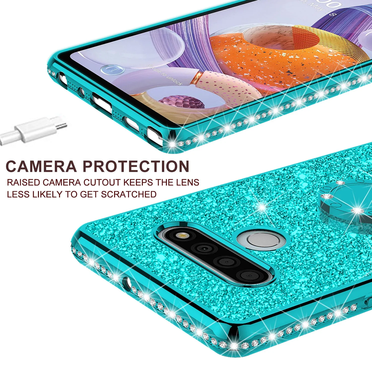 LG Stylo 6 Case, Glitter Cute Phone Case Girls with Kickstand,Bling Diamond Rhinestone Bumper Ring Stand Sparkly Luxury Clear Thin Soft Protective LG Stylo 6 Case for Girl Women - Teal