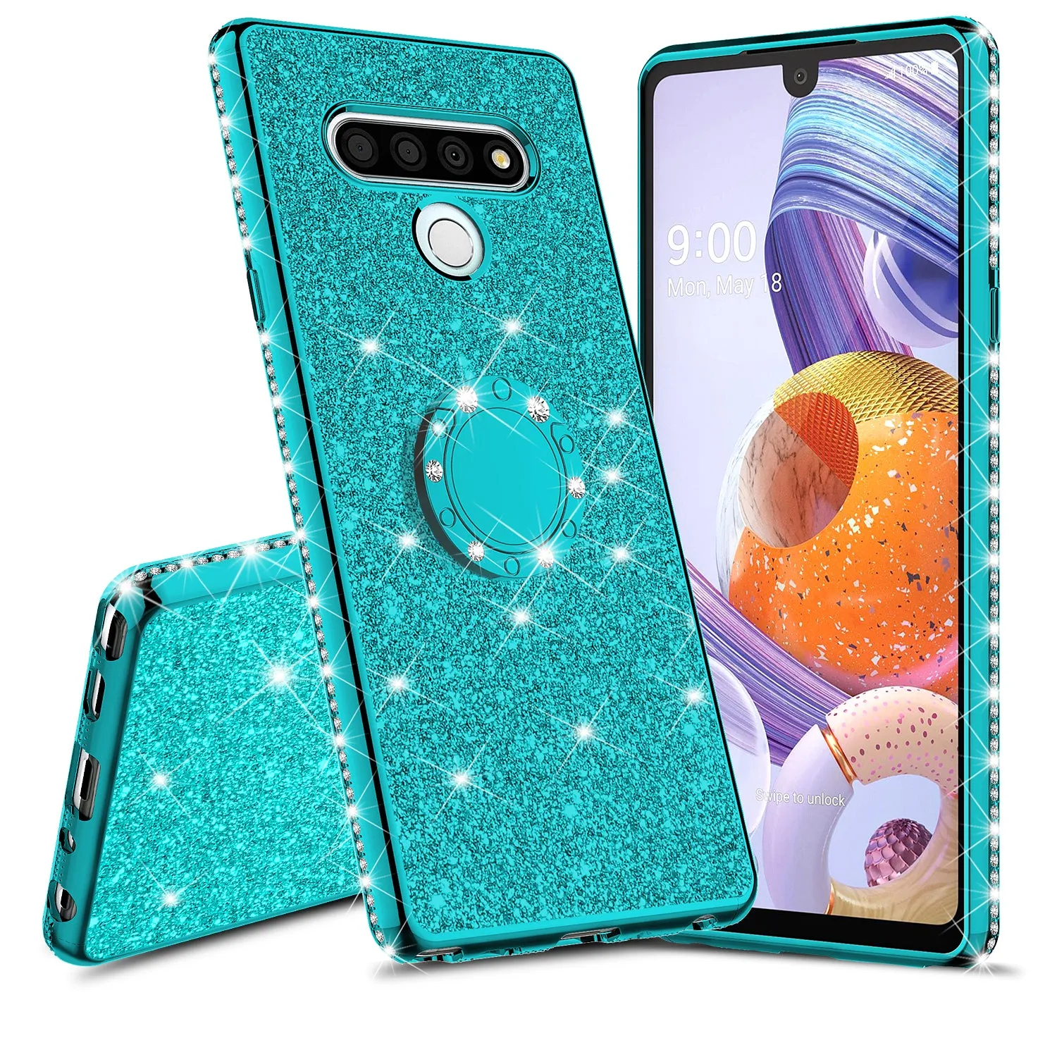 LG Stylo 6 Case, Glitter Cute Phone Case Girls with Kickstand,Bling Diamond Rhinestone Bumper Ring Stand Sparkly Luxury Clear Thin Soft Protective LG Stylo 6 Case for Girl Women - Teal