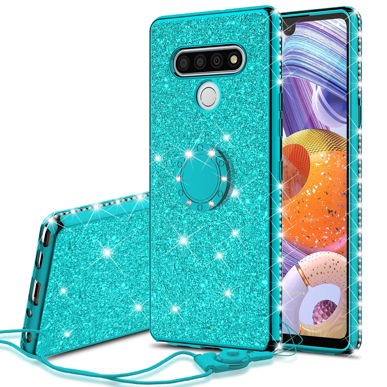 LG Stylo 6 Case, Glitter Cute Phone Case Girls with Kickstand,Bling Diamond Rhinestone Bumper Ring Stand Sparkly Luxury Clear Thin Soft Protective LG Stylo 6 Case for Girl Women - Teal