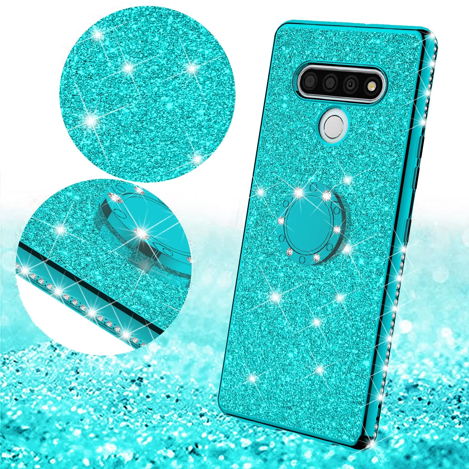 LG Stylo 6 Case, Glitter Cute Phone Case Girls with Kickstand,Bling Diamond Rhinestone Bumper Ring Stand Sparkly Luxury Clear Thin Soft Protective LG Stylo 6 Case for Girl Women - Teal