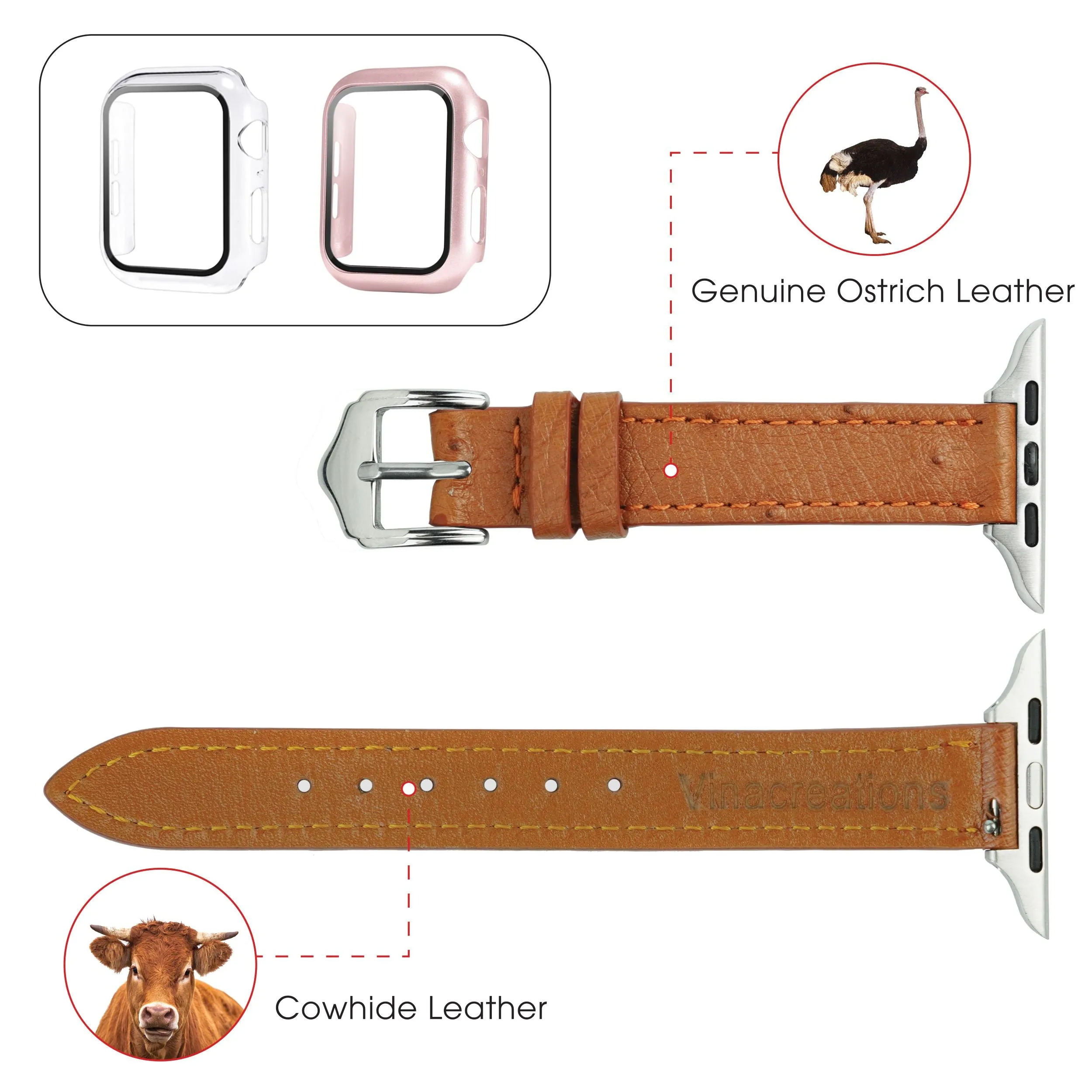 Light Brown Flat Ostrich Leather Band Compatible Apple Watch Iwatch 45mm Screen Protector Case Silver Adapter Replacement Strap For Smartwatch Series 7 8 Leather Handmade AW-186S-W-45MM