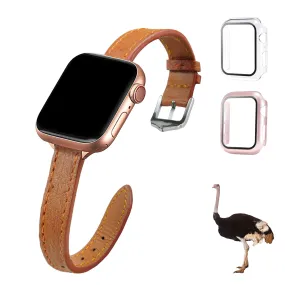 Light Brown Flat Ostrich Leather Band Compatible Apple Watch Iwatch 45mm Screen Protector Case Silver Adapter Replacement Strap For Smartwatch Series 7 8 Leather Handmade AW-186S-W-45MM