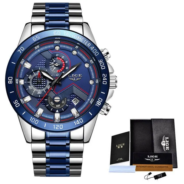 Men's chronological blue and silver wristwatch