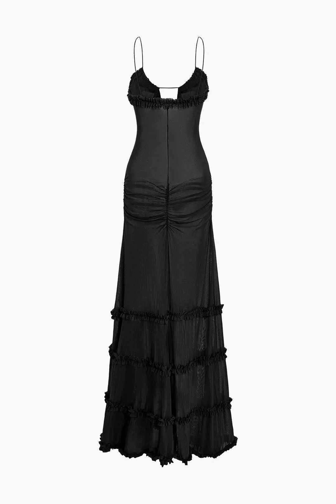 Mesh Ruched Layered Frill Slip Maxi Dress