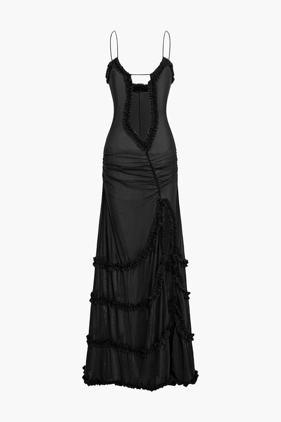 Mesh Ruched Layered Frill Slip Maxi Dress