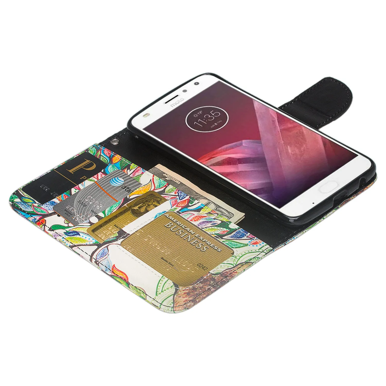 Motorola Moto Z2 Play Case, Moto Z2 Play Wallet Case, Slim Flip Folio [Kickstand] Pu Leather Wallet Case with ID & Card Slots & Pocket   Wrist Strap - Colorful Tree