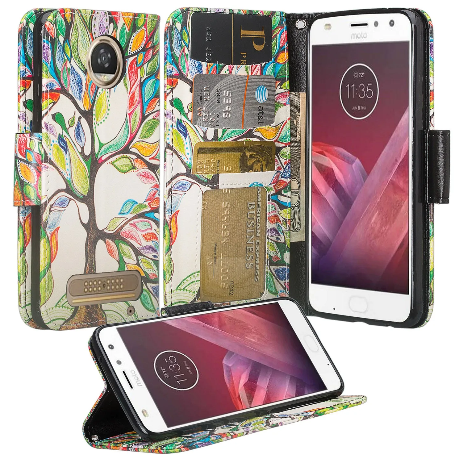 Motorola Moto Z2 Play Case, Moto Z2 Play Wallet Case, Slim Flip Folio [Kickstand] Pu Leather Wallet Case with ID & Card Slots & Pocket   Wrist Strap - Colorful Tree