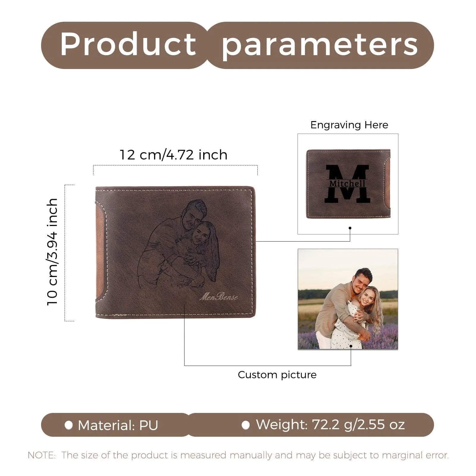 Personalized Men’s Wallet with Custom Photo Engraving, PU Leather in Dark Coffee, Blue, or Black