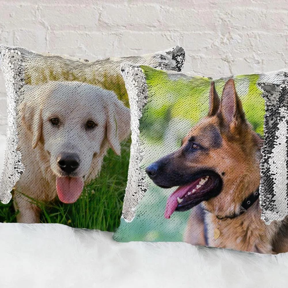 Pet Photo Personalized Sequin Pillow Case | Custom Mermaid Pillow Throw