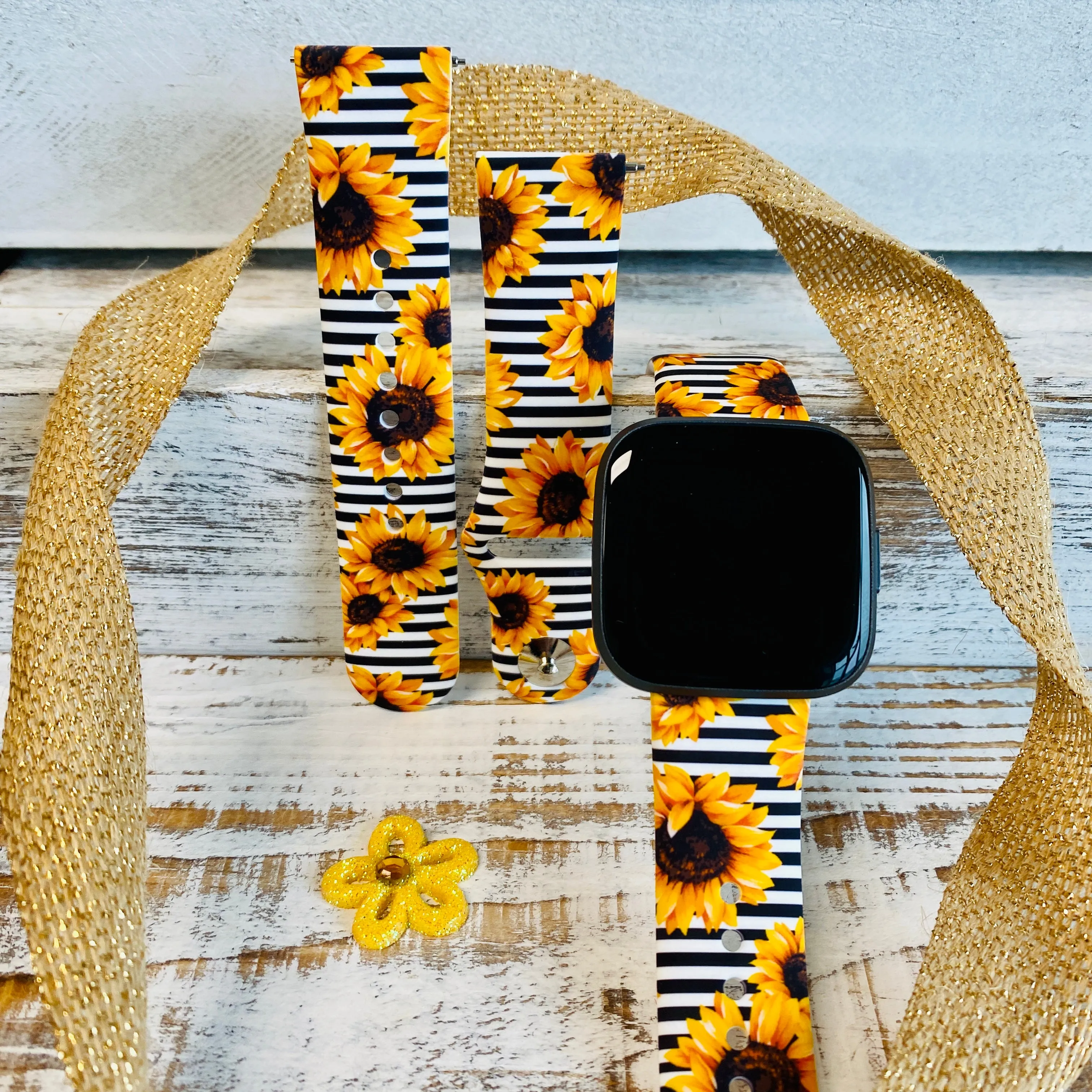 Pinstripe Sunflower Print Silicone Band For Fitbit Versa 1/2