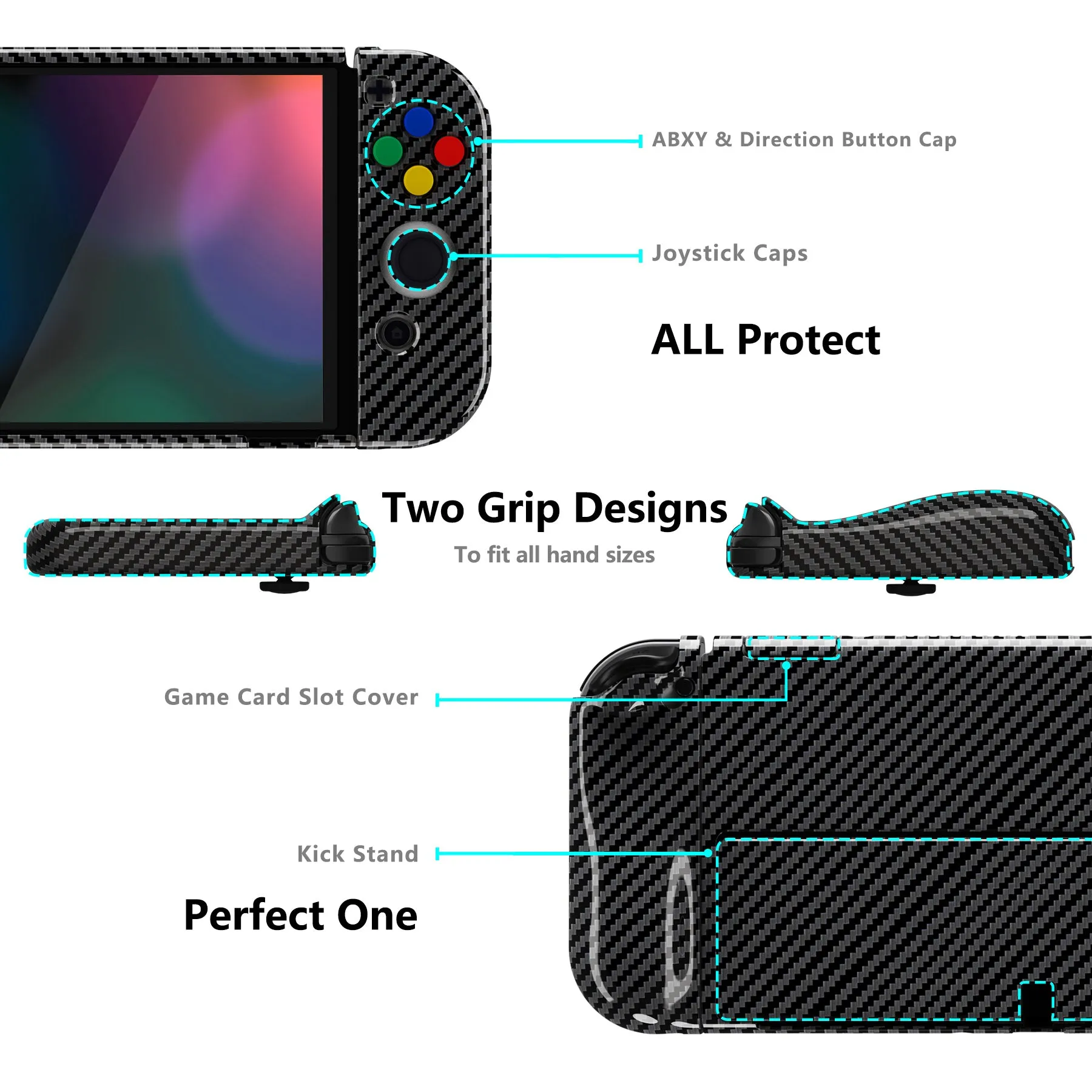 PlayVital AlterGrips Glossy Protective Slim Case for Nintendo Switch OLED, Ergonomic Grip Cover for Joycon, Dockable Hard Shell for Switch OLED w/Thumb Grip Caps & Button Caps - Graphite Carbon Fiber - JSOYS2002