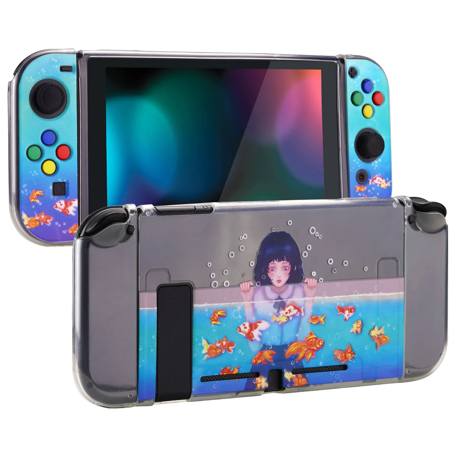 PlayVital Aquarium Girl Protective Case for NS, Soft TPU Slim Case Cover for NS Joycon Console with Colorful ABXY Direction Button Caps - NTU6029