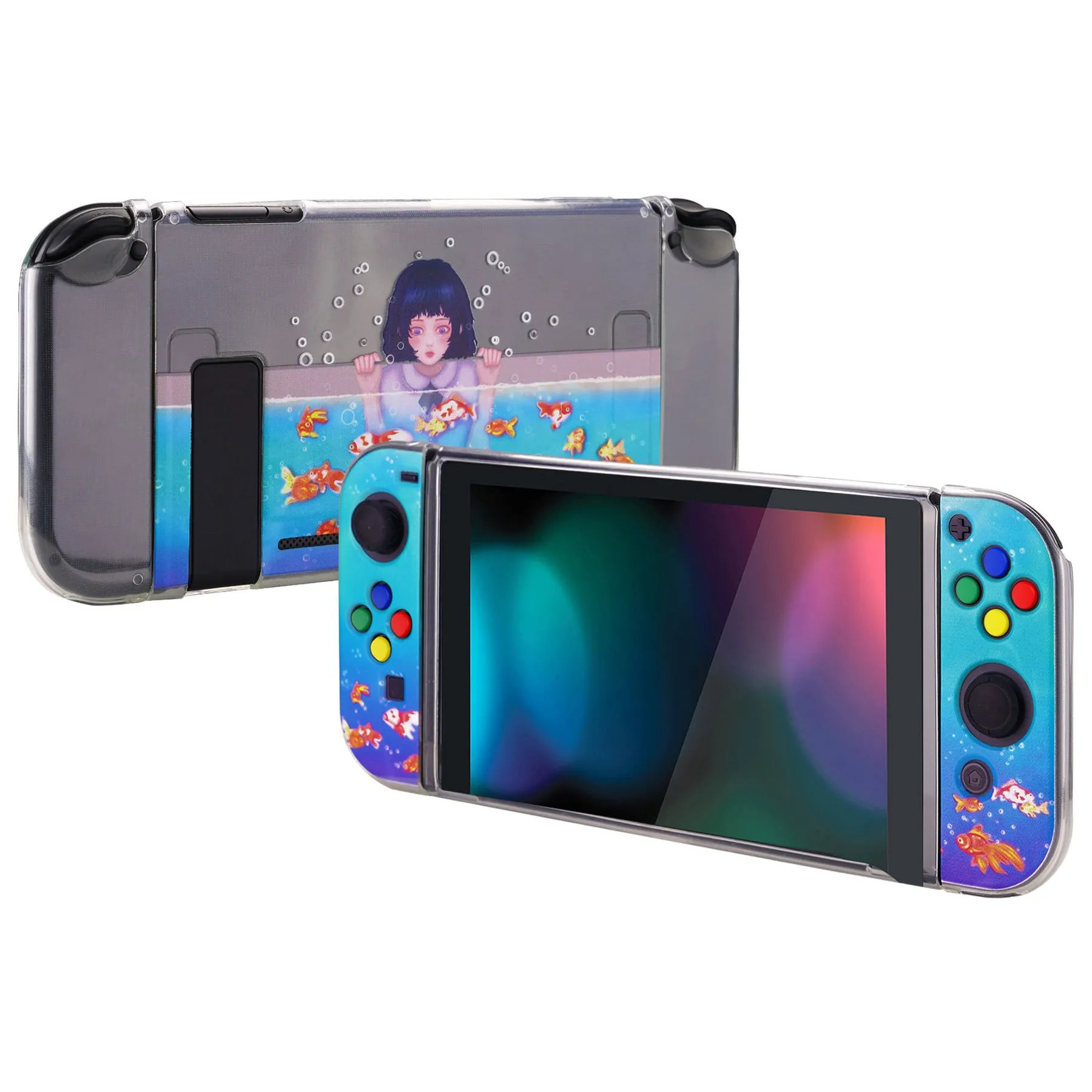 PlayVital Aquarium Girl Protective Case for NS, Soft TPU Slim Case Cover for NS Joycon Console with Colorful ABXY Direction Button Caps - NTU6029