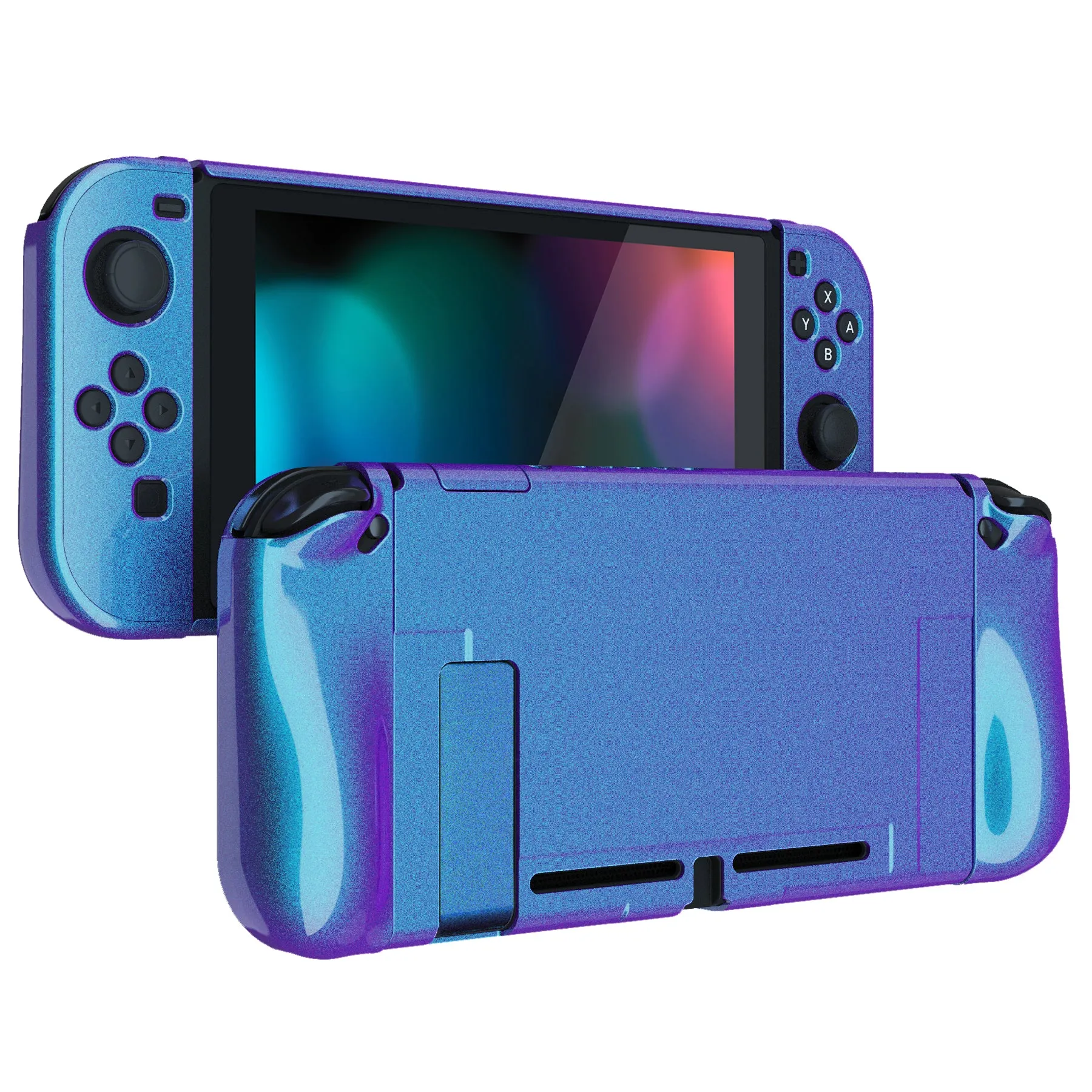 PlayVital UPGRADED Glossy Dockable Case Grip Cover for NS Switch, Ergonomic Protective Case for NS Switch, Separable Protector Hard Shell for Joycon - Chameleon Purple Blue - ANSP3001