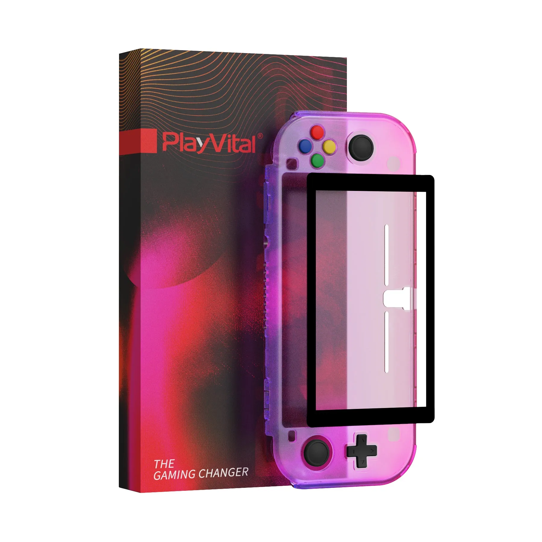 PlayVital ZealProtect Protective Case for Nintendo Switch Lite, Hard Shell Ergonomic Grip Cover for Switch Lite with Screen Protector & Thumb Grip Caps & Button Caps - Clear Atomic Purple Rose Red - PSLYP3012