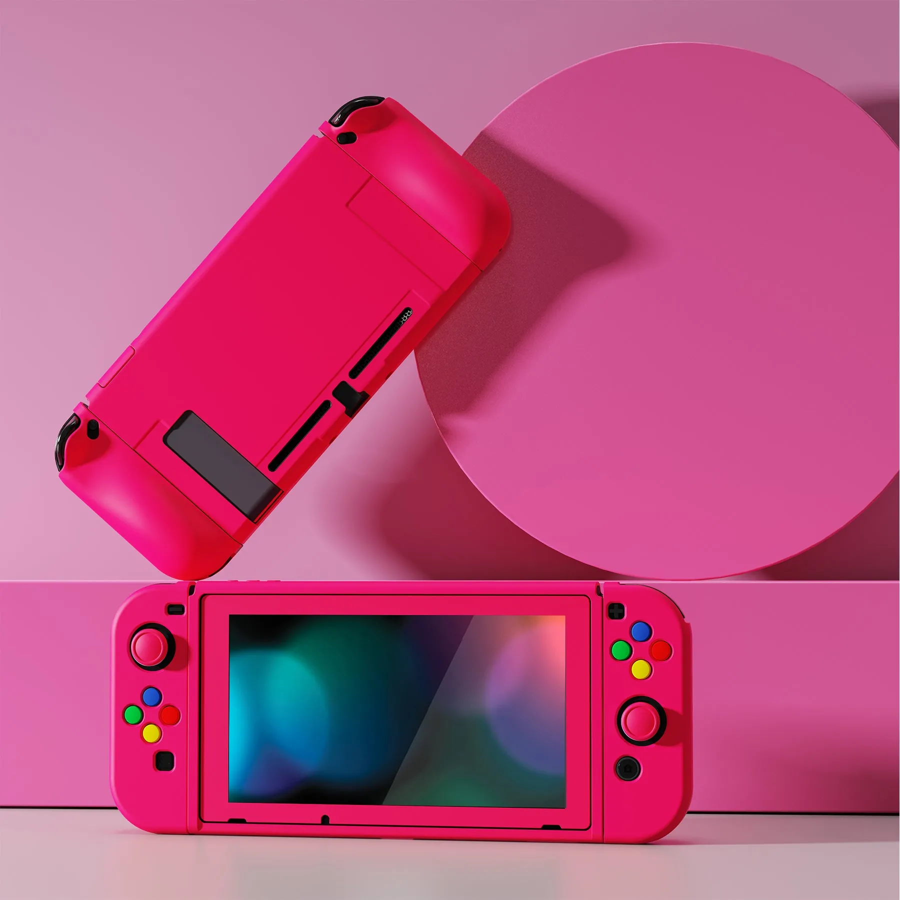 PlayVital ZealProtect Soft Protective Case for Nintendo Switch, Flexible Cover Protector for Nintendo Switch with Tempered Glass Screen Protector & Thumb Grip Caps & ABXY Direction Button Caps - Bright Pink - RNSYM5013