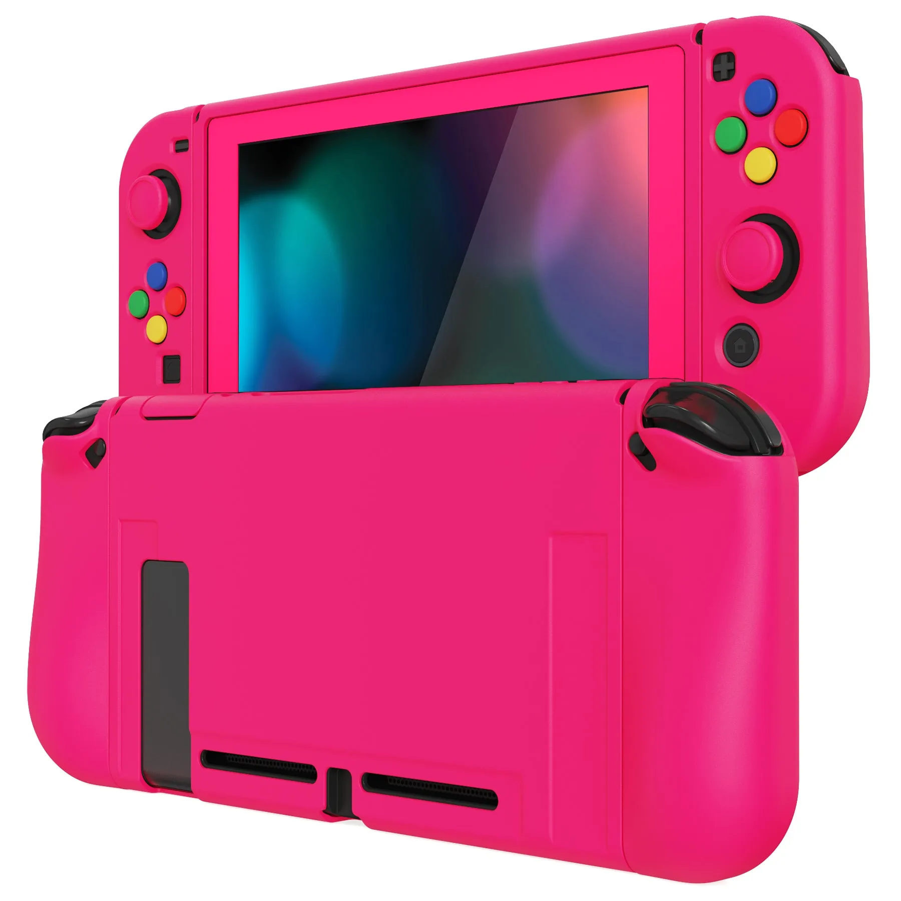 PlayVital ZealProtect Soft Protective Case for Nintendo Switch, Flexible Cover Protector for Nintendo Switch with Tempered Glass Screen Protector & Thumb Grip Caps & ABXY Direction Button Caps - Bright Pink - RNSYM5013