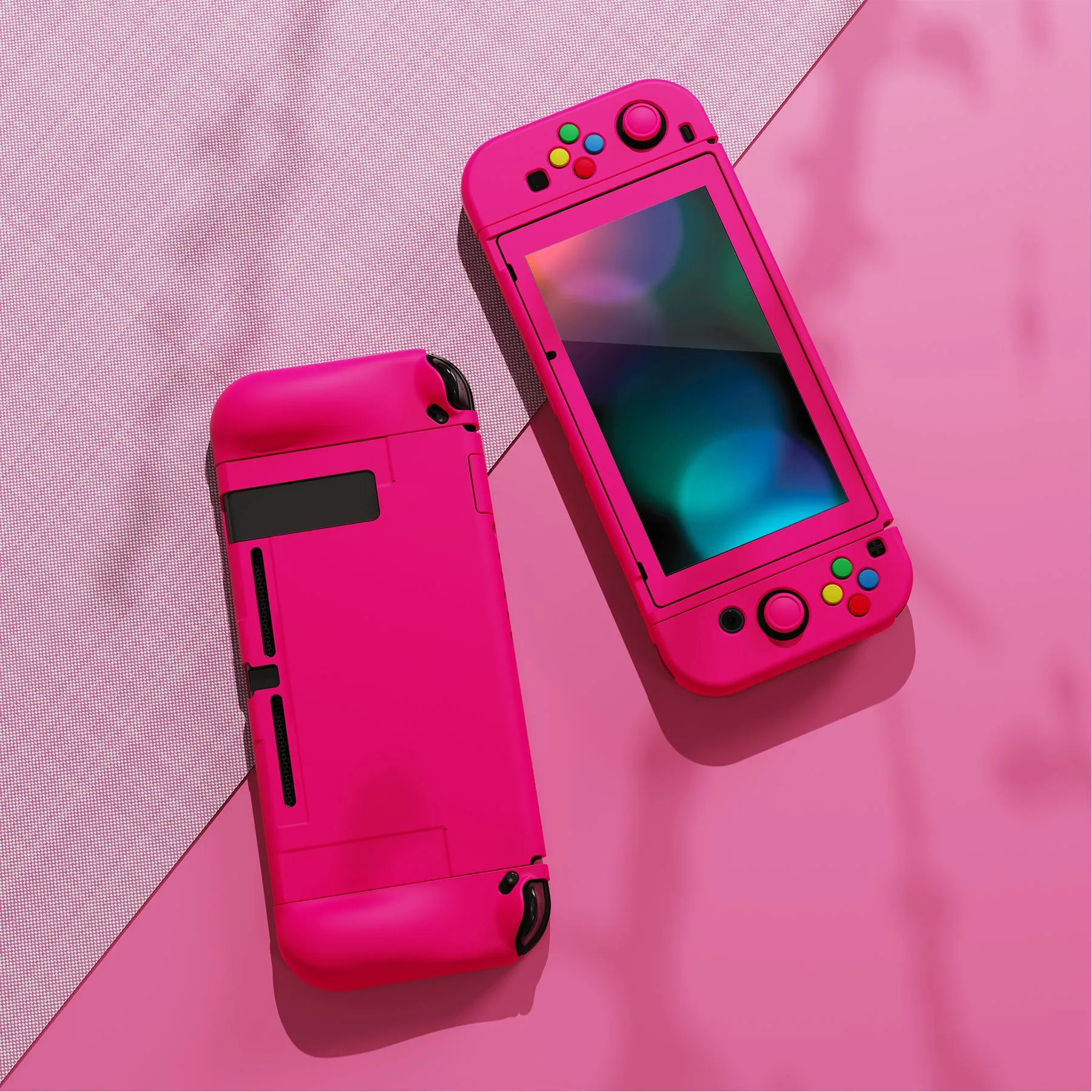 PlayVital ZealProtect Soft Protective Case for Nintendo Switch, Flexible Cover Protector for Nintendo Switch with Tempered Glass Screen Protector & Thumb Grip Caps & ABXY Direction Button Caps - Bright Pink - RNSYM5013