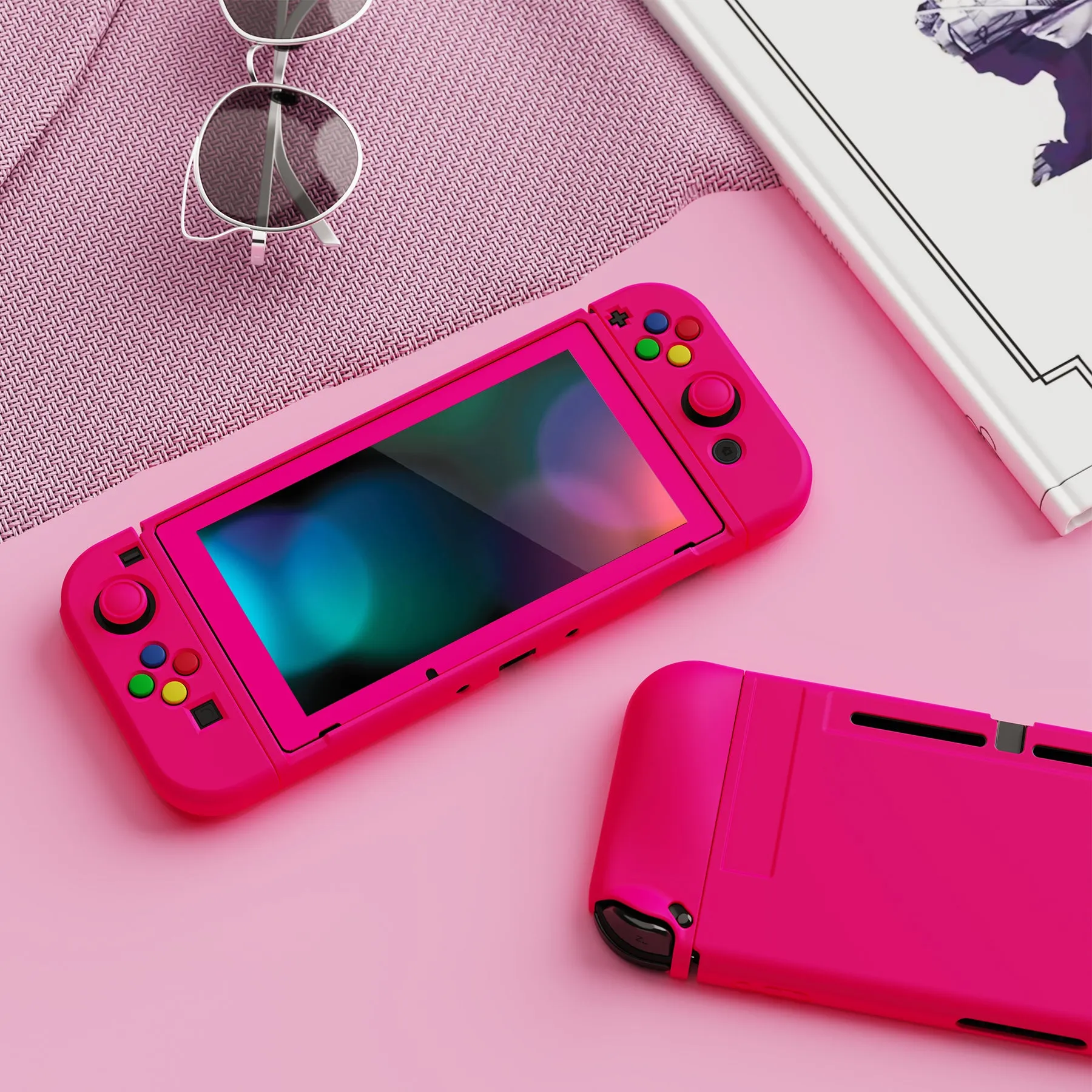 PlayVital ZealProtect Soft Protective Case for Nintendo Switch, Flexible Cover Protector for Nintendo Switch with Tempered Glass Screen Protector & Thumb Grip Caps & ABXY Direction Button Caps - Bright Pink - RNSYM5013