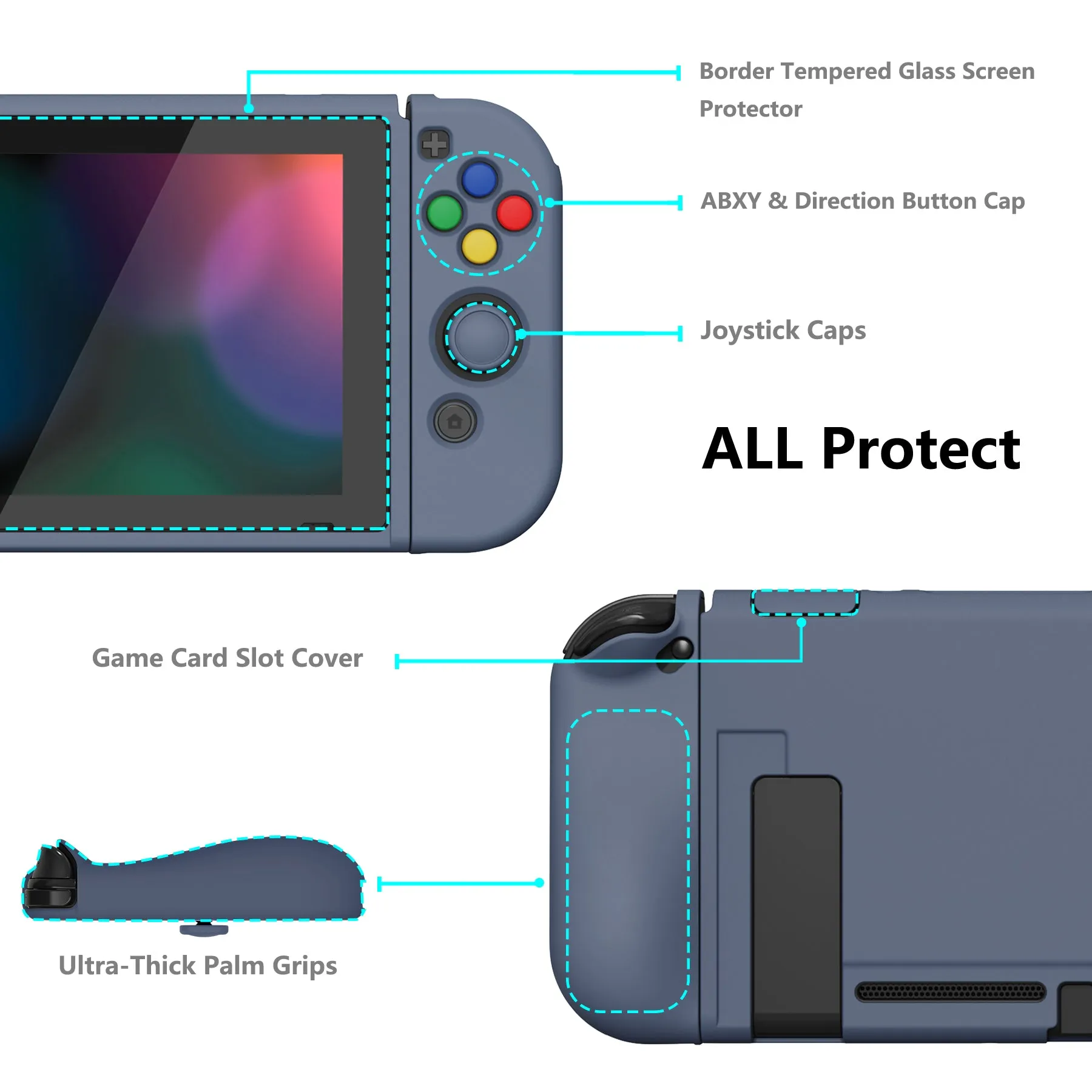 PlayVital ZealProtect Soft Protective Case for Nintendo Switch, Flexible Cover Protector for Nintendo Switch with Tempered Glass Screen Protector & Thumb Grip Caps & ABXY Direction Button Caps - Slate Gray - RNSYM5011