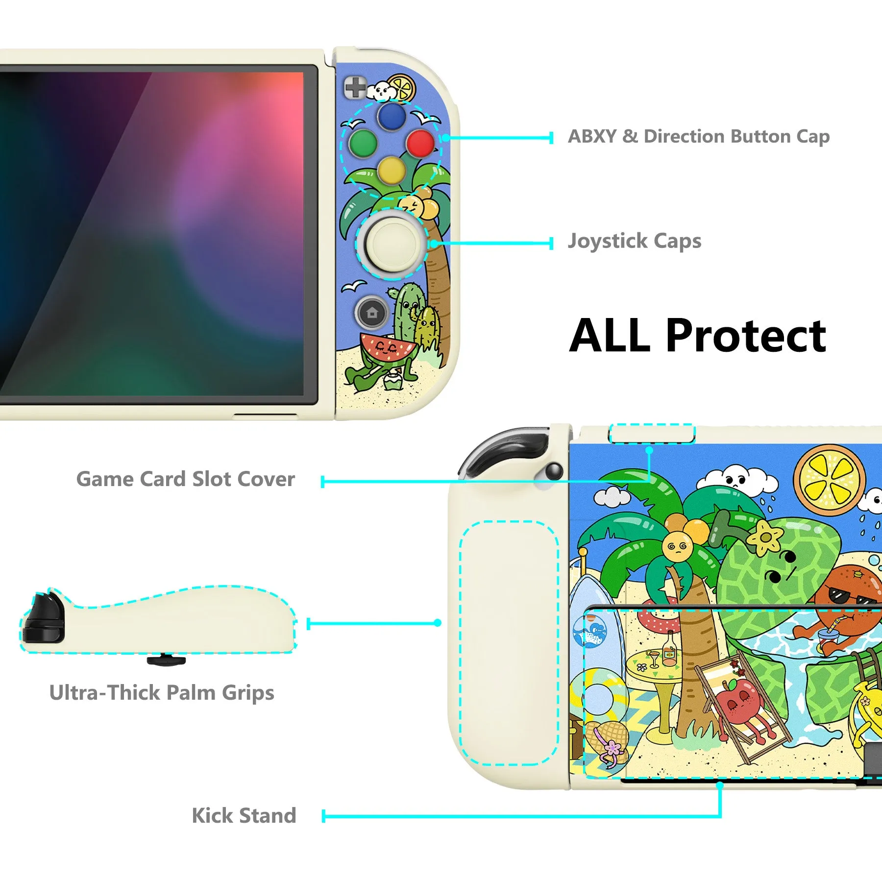 PlayVital ZealProtect Soft Protective Case for Switch OLED, Flexible Protector Joycon Grip Cover for Switch OLED with Thumb Grip Caps & ABXY Direction Button Caps - Fruity Party - XSOYV6039