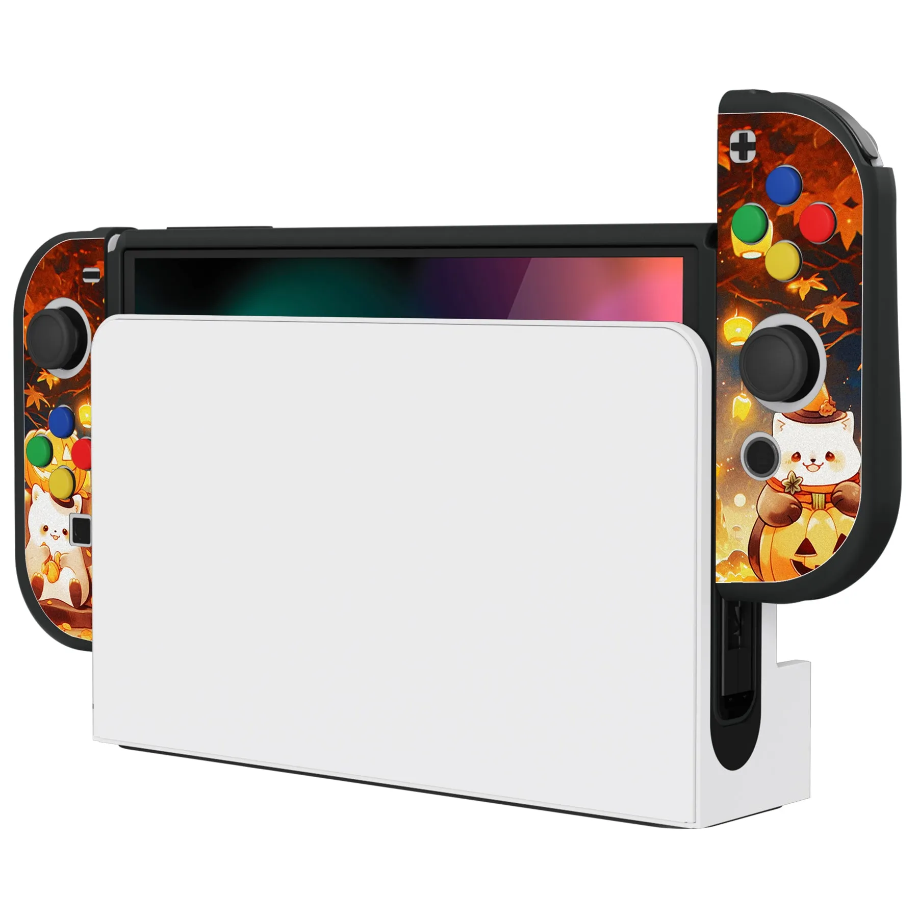 PlayVital ZealProtect Soft Protective Case for Switch OLED, Flexible Protector Joycon Grip Cover for Switch OLED with Thumb Grip Caps & ABXY Direction Button Caps - Halloween Pumpkin Fest - XSOYV6043