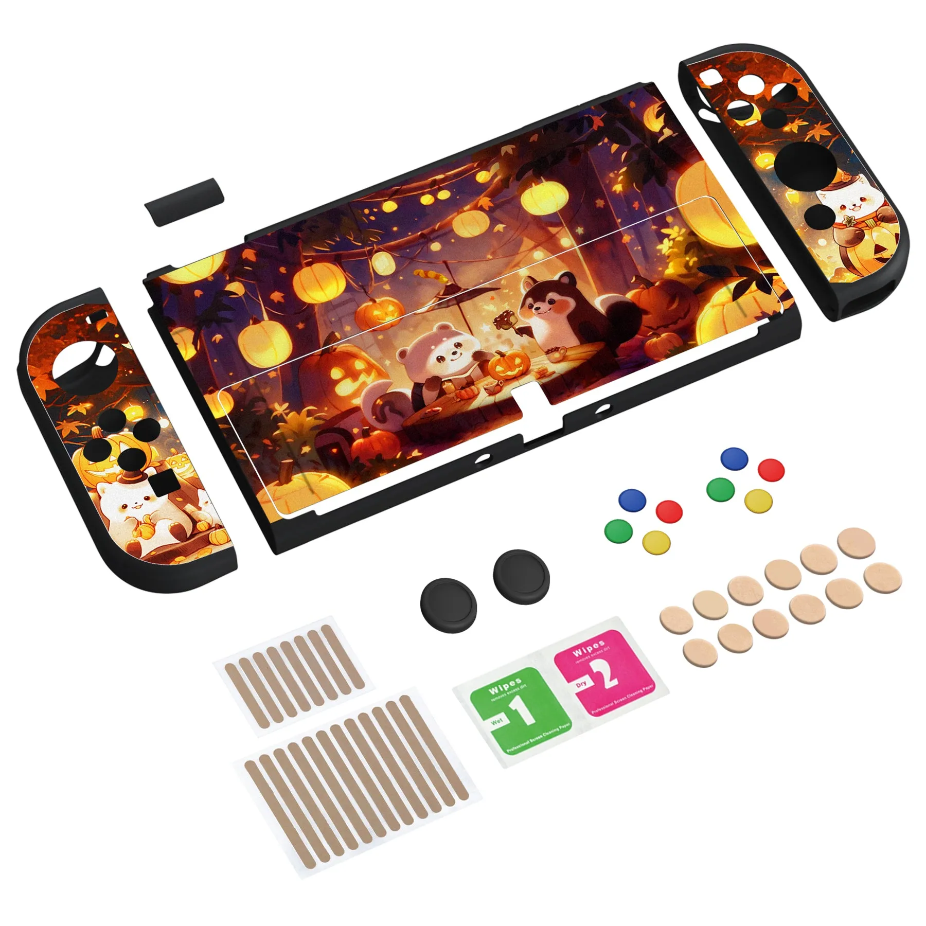 PlayVital ZealProtect Soft Protective Case for Switch OLED, Flexible Protector Joycon Grip Cover for Switch OLED with Thumb Grip Caps & ABXY Direction Button Caps - Halloween Pumpkin Fest - XSOYV6043